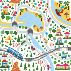 Detailed children's map of the city. Cars, buses and trains, houses and roads, river, forest and city seamless childish pattern