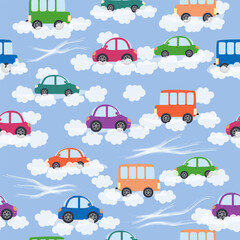 Cars, buses, trains, houses and roads, city seamless childish pattern