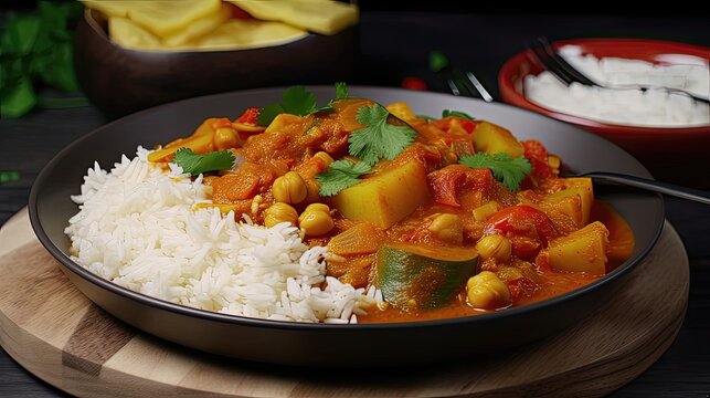 Spicy vegetable curry is a budget-friendly and delicious way to feed a crowd or meal prep for the week. Generated by AI.