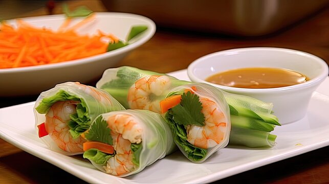 Vietnamese summer rolls are a fresh and healthy appetizer or snack that are perfect for summer. Generated by AI.