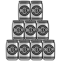 太い線で描かれたカットイラスト / 積み上げられた銀色の缶ビール