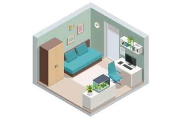 Isometric modern living room interior. A room with a sofa, a wardrobe, a computer on the table and an aquarium on the nightstand