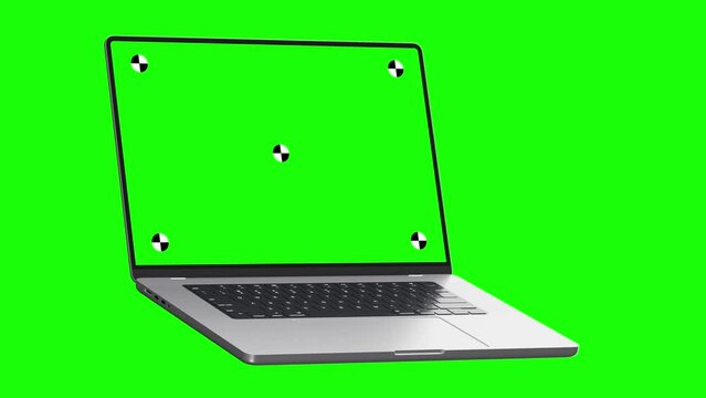 3d render of laptop moving in a green background with green screen with marks for tracking