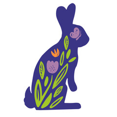 Happy Easter vector illustration of rabbits, bunnies decorated with flowers and grass. Traditional decorative element for greeting card, poster, banner design. Color image, isolated