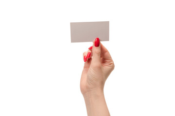 Empty card in woman hand with red nails  isolated on a white background.