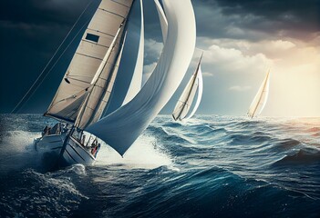 Regatta sailing ship yachts with white sails at opened sea in windy condition. AI Generation. Generative AI