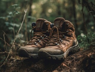 A pair of hiking boots on a trail