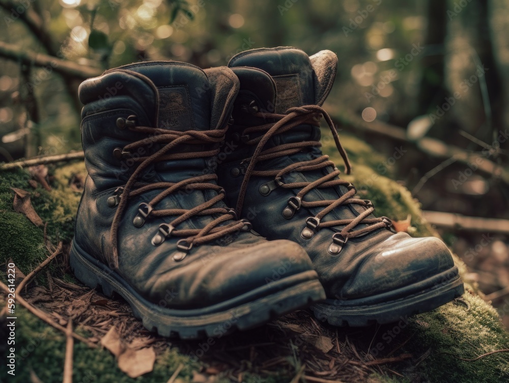 Wall mural A pair of hiking boots on a trail