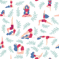 Yoga seamless pattern woman is engaged. Yoga poses, lotus, monstera. Health of mind and body