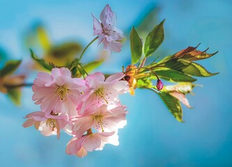 Close-up shot of cherry blossom flowers with the background of the sky