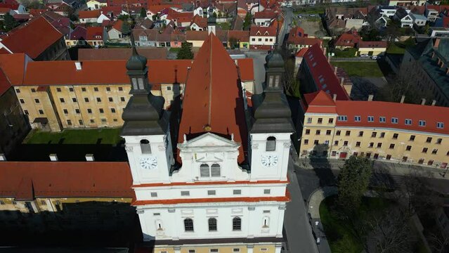 Trnava St John the Baptist Cathedral from high above, old architecture, 4k