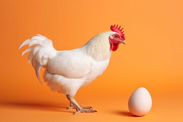 White Rooster and Egg on Light Orange Background, Generative AI - 592614832