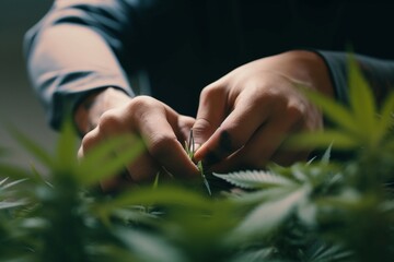 Obraz na płótnie Canvas Skilled Hands Trimming Cannabis Plant in a Modern Light Industrial Indoor Marijuana Farm - High-Quality Stock Image Capturing the Art of Cannabis Cultivation and Processing for Medical and Recreationa