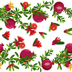 Pomegranate branches with fruits and flowers Seamless pattern. Bright leaves and fruits. Jewish New Year