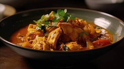 Fototapeta premium Take your taste buds on a journey with Spicy chicken curry, a delicious and flavorful dish that combines tender chicken with aromatic spices and a rich curry sauce. Generated by AI.