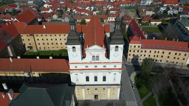 Drone footage of Trnava St John the Baptist Cathedral, old architecture, 4k