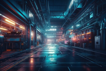 Interior on an industrial plant in synth wave futuristic style. Generative AI