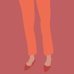 Abstract female legs in orange trousers and red high heeled shoes on bright background. Hand drawn vector art