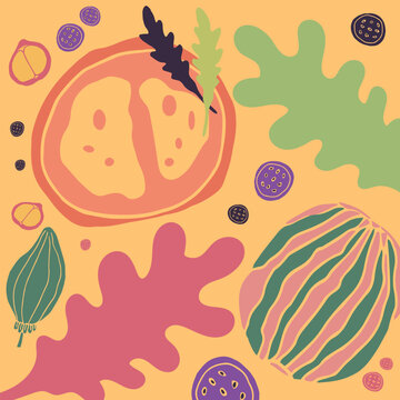 Hand drawn still life with different fruits on yellow background. Vector illustration