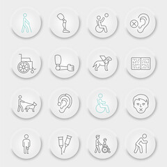 Disability line icon set, disabled people collection, vector sketches, neumorphic UI UX buttons, disability icons, disabled signs linear pictograms, editable stroke