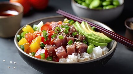 Indulge in a delicious tuna poke bowl with cubed raw tuna, rice, and a colorful medley of veggies for a burst of flavor in every bite. Generated by AI.