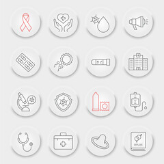 HIV and AIDS line icon set, healthcare collection, vector sketches, neumorphic UI UX buttons, HIV icons, medicine signs linear pictograms, editable stroke
