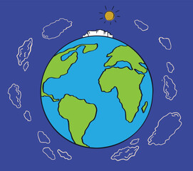 Naklejka premium Planet Earth with clouds and glacier on top. Vector doodle outline color illustration for poster design.