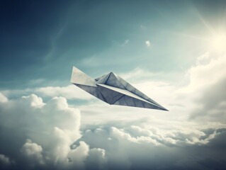 A paper airplane flying through the sky