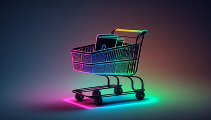 E-Commerce icon Creative Illustration. 3D Rendering, trolley, Shopping Cart, Grocery Cart, Groceries, Neon Colours, High Quality Illustration.