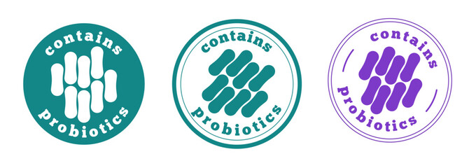 Lactobacillus probiotics seal stamp for food products vector icon, prebiotic bacteria label badge sticker tag graphic simple modern design illustration set image clipart