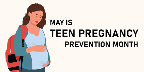 Pregnant sad teenage girl. Teen pregnancy prevention concept. Modern flat vector illustration