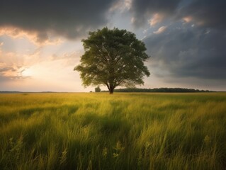 Obraz premium A peaceful image of a lone tree standing tall in the middle of a serene meadow