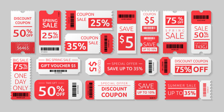 Promotion coupon, ticket with sales with barcode or QR code. Discount card and voucher, blank gift paper template, gift certificate. Labels with separated lines. Vector garish illustration