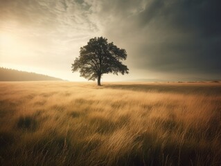 Fototapeta na wymiar A peaceful image of a lone tree standing tall in the middle of a serene meadow