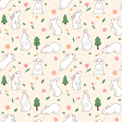 Cute white rabbit, sweet hare pattern. Doodle baby bunny, animals and flowers for wallpaper and wrapping paper, toddler nursery design. Adorable animal. Vector utter seamless illustration