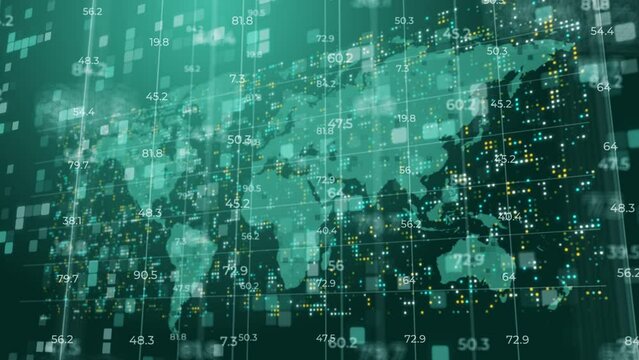 Electronic scoreboard with changing numbers falling down on the background of a world map and flashing dots. Green looped motion graphics. - Powered by Adobe