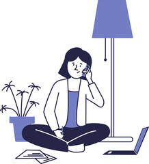A girl with a laptop is talking on the phone. Vector scene of work at home.