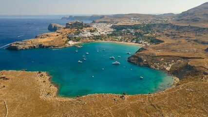 Obraz premium Aerial view of the Rhodes island at daytime in Greece