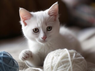 Fototapeta na wymiar A fluffy, white kitten playing with a ball of yarn
