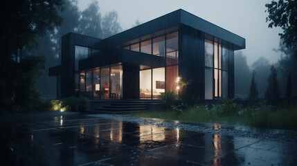 modern home with rain outside. Generative AI.