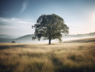 Fototapeta na wymiar A peaceful image of a lone tree standing tall in the middle of a serene meadow.
