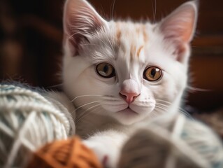 Fototapeta na wymiar A fluffy, white kitten playing with a ball of yarn