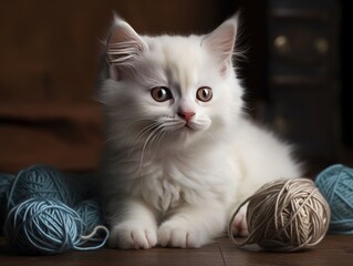 A fluffy, white kitten playing with a ball of yarn