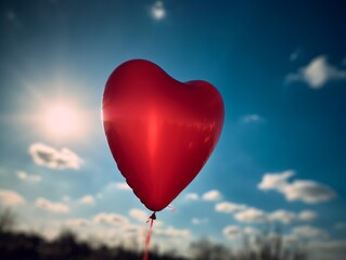 Naklejka na ściany i meble A red heart-shaped balloon against a blue sky