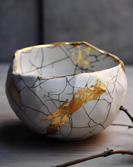 Fototapeta na wymiar A delicate, wabi sabi illustration of a cracked ceramic bowl with a gold repair line