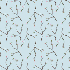 Fototapeta premium Flower branch, spring buds, leaf and twig. Sketch tree, rustic wood garden, hand drawn forest plants. Decor textile, wrapping paper, wallpaper. Print for fabric. Vector tidy seamless pattern