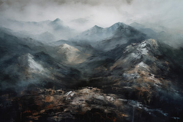 A majestic, wabi sabi illustration of a landscape with misty mountains and faded colors