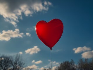 Fototapeta na wymiar A red heart-shaped balloon against a blue sky