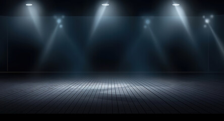 Conceptual image of empty room with stage lights and concrete floor