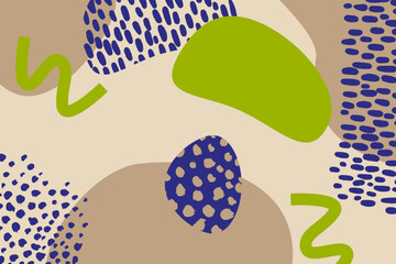 Bright graphic brown and green modern background with liquide shapes and hand drawn textures. Vector hand drawn illustration for poster, flyer, invitation, card design.